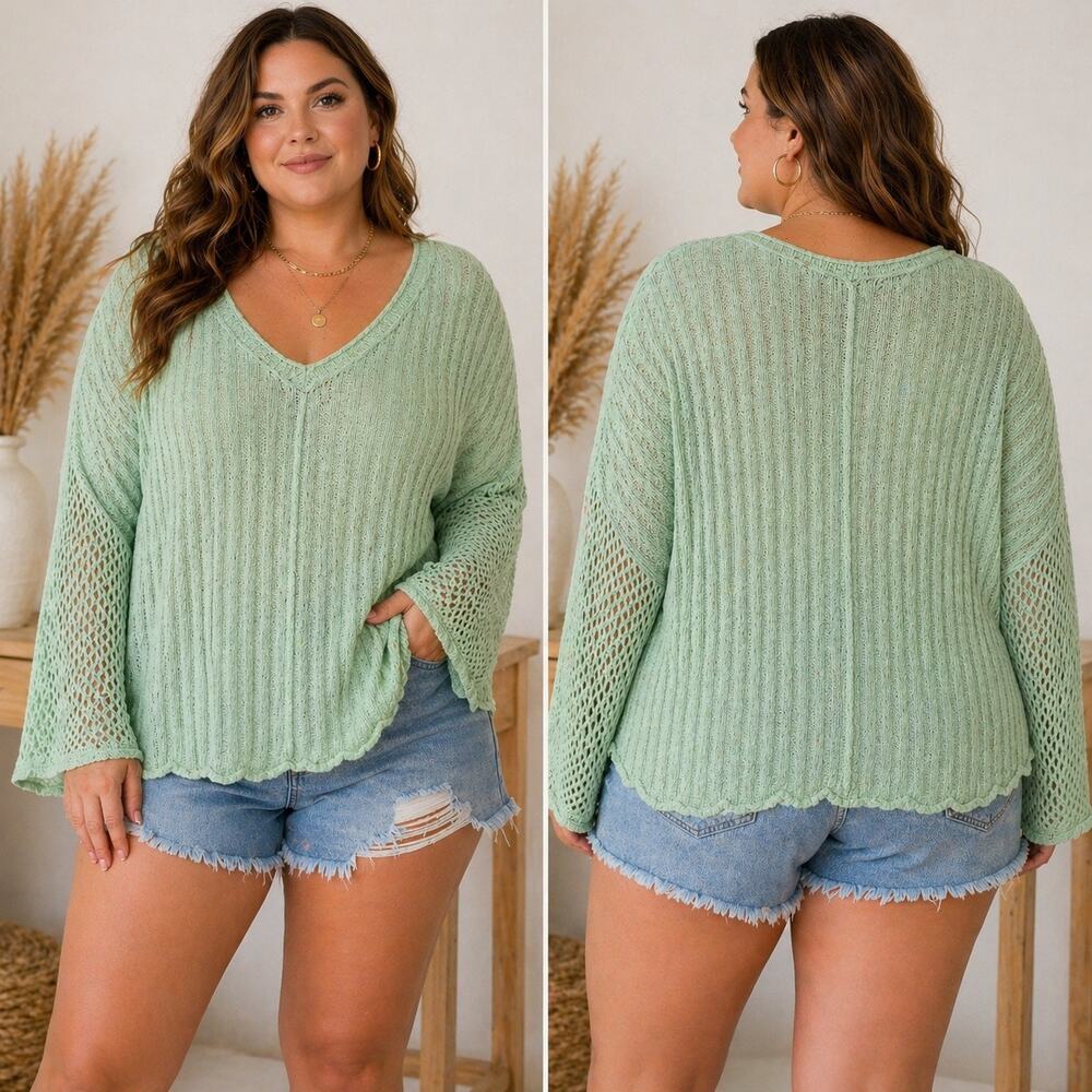 POL Mint Green Open Knit Sweater L Boho Slouchy Lightweight Pullover